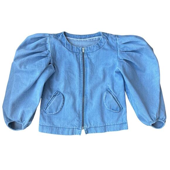 Nikolia Kids Puff Sleeve Denim Bomber Jacket Light Blue Cotton Zip - 9-10 Years - Picture 3 of 11
